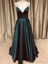 A Line V Neck Backless Dark Green Long Prom Dresses